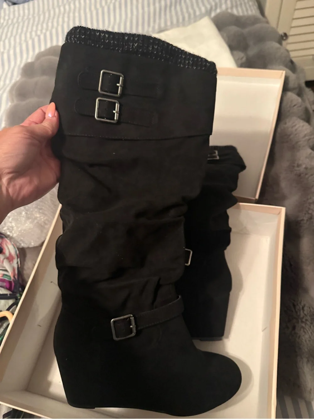 Women's Black Wide Calf Knee-High Suede Wedge Boots